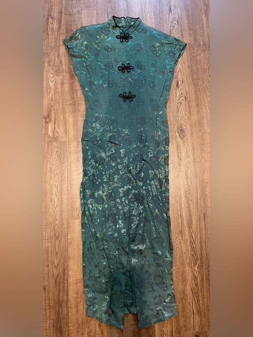 Vintage La Belle Chinese Knot Buttons Floral Dress Sz 7 Green